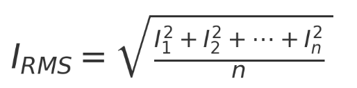 I RMS formula as square root of mean of squared current values"