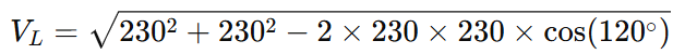 Substituting 230V in line voltage equation