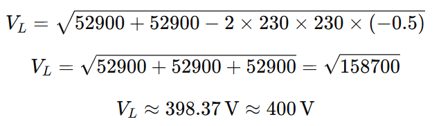 equation showing three-phase system with 230V per phase, the line-to-line voltage becomes about 400V, not 690V.