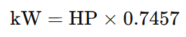 Mechanical Horsepower to Kilowatt Conversion formula