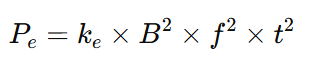 Eddy current loss power formula with variables for magnetic field, frequency, and thickness