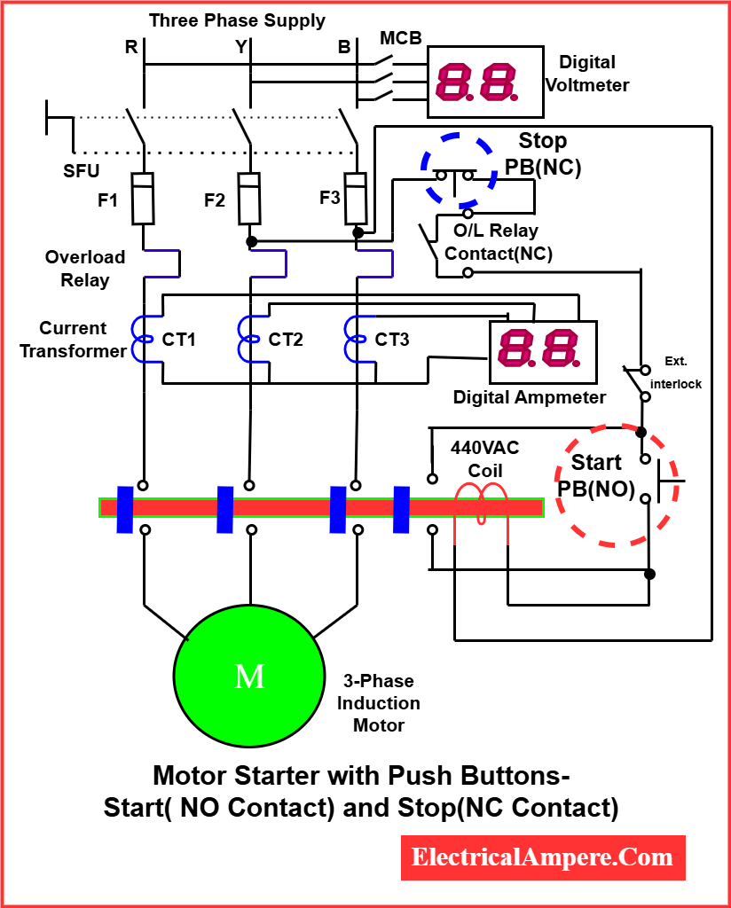 wiring diagram showing NO and NC contacts in a push-button switch circuit