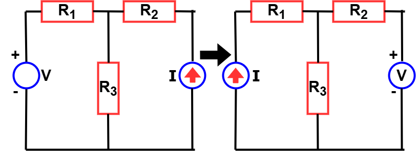 Reciprocity theorem circuit diagram showing voltage source and current response