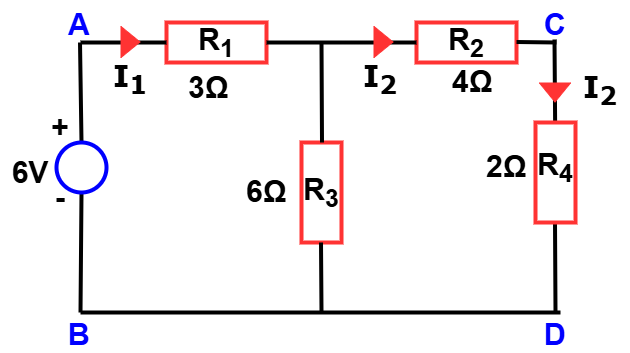 Circuit showing a 6V voltage source applied across nodes A and B with current measured in branch C–D- reciprocity theorem solved problem