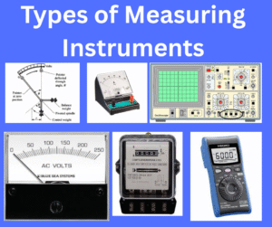 Diagram showing types of measuring instruments in electrical engineering such as analog, digital, absolute, and integrating instruments