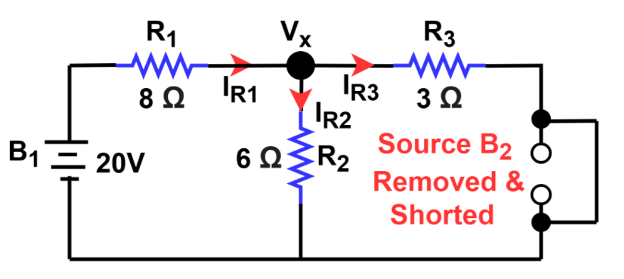 Step 1 – B1 Active, B2 Replaced by Short (Superposition Principle)