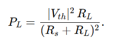 Step 1 in AC Maximum Power Transfer Theorem proof showing cancellation of reactance by choosing XL = -Xs, resulting in purely real denominator and PL = |Vth|² RL / (Rs + RL)².
