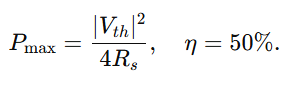 Conclusion of AC Maximum Power Transfer Theorem showing that maximum power occurs when load impedance equals the complex conjugate of source impedance (ZL = Zs), with Pmax = |Vth|² / 4Rs and efficiency η = 50%.*