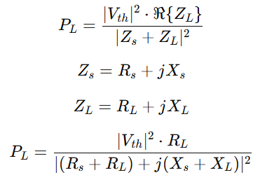 average power absorbed by the load in an AC circuit for Maximum Power Transfer Theorem, showing PL = |Vth|² Re{ZL} / |Zs + ZL|² = |Vth|² RL / |(Rs + RL) + j(Xs + XL)|².