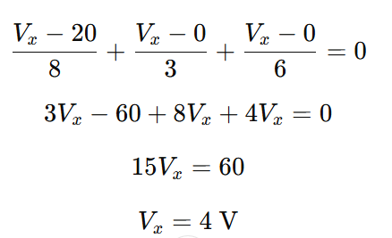 Kirchhoff’s Current Law (KCL) equation at node Vx showing current terms (Vx−20)/8, (Vx−0)/3, and (Vx−0)/6 equal to zero