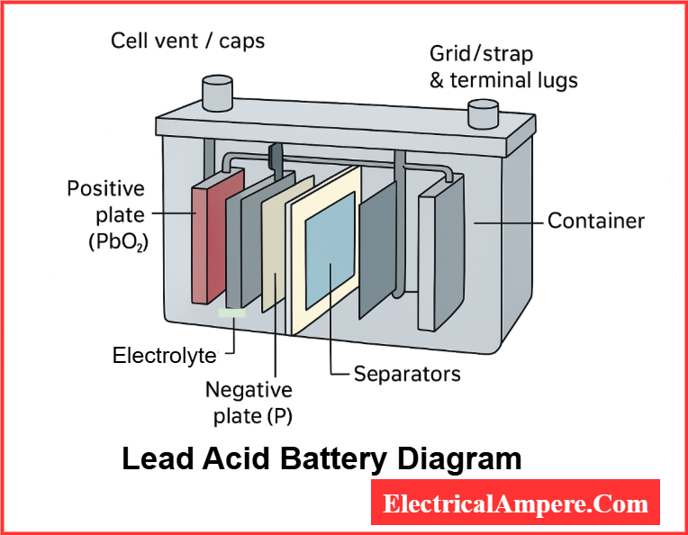 Diagram of a lead-acid battery showing positive plate, negative plate, separators, electrolyte (sulfuric acid), container, and terminals
