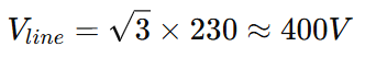 Example of line voltage calculation in star connection: If phase voltage is 230 V, then Vline = √3 × 230 ≈ 400 V