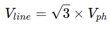 Line voltage formula in star connection: Vline = √3 × Vph, where Vph is phase voltage and Vline is line voltage