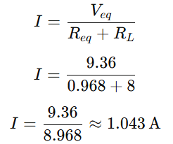 Calculation of load current using Millman’s Theorem, where I = V_eq / (R_eq + R_L) = 9.36 / (0.968 + 8) ≈ 1.043 A