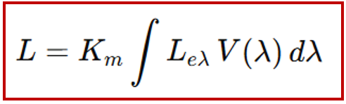 Luminance formula showing integration of spectral radiance with the human eye sensitivity function.