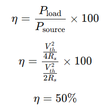 calculation of efficiency at maximum power transfer in a DC circuit, showing η = (Pload / Psource) × 100 = 50%.