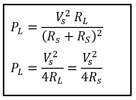 Maximum Power Transfer Formula in a DC circuit, showing that maximum power is obtained when load resistance RL equals source resistance Rs, with Pmax = Vs² / 4Rs.