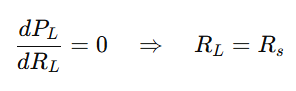 Final step in DC Maximum Power Transfer Theorem proof showing that setting dPL/dRL = 0 gives RL = Rs, indicating maximum power occurs when load resistance equals source resistance.