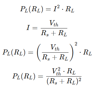 Proof of Maximum Power Transfer Theorem in DC circuits shown step by step in vertical form, deriving the load power equation PL(RL) = I²RL = (Vth / (Rs + RL))² × RL = (Vth² × RL) / (Rs + RL)².