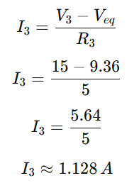Calculation of current I3 in the third branch using Millman's Theorem with V3=15V, R3=5Ω, and V_eq=9.36V, resulting in I3 ≈ 1.128 A.
