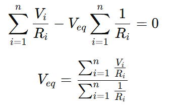 Step 4 in Millman's Theorem proof showing the calculation of equivalent voltage V_eq by rearranging the equation: sum of V_i divided by R_i minus V_eq times sum of 1 over R_i equals zero, resulting in V_eq formula.