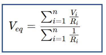Millman Theorem formula showing equivalent voltage across parallel branches as the sum of branch voltages divided by the sum of reciprocals of branch resistances