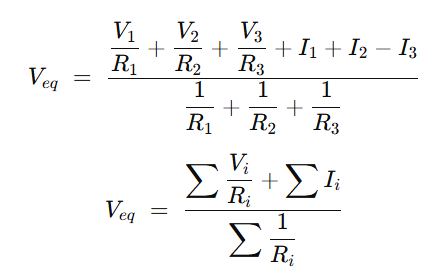 millmans circuit formula for circuit with mixed voltage aand current sources forr calculation of thevenin equivament voltage veq