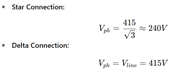 Numerical example of phase voltage in star and delta connections: For a line-to-line voltage of 415 V, star connection gives Vph = 415 ÷ √3 ≈ 240 V, delta connection gives Vph = Vline = 415 V