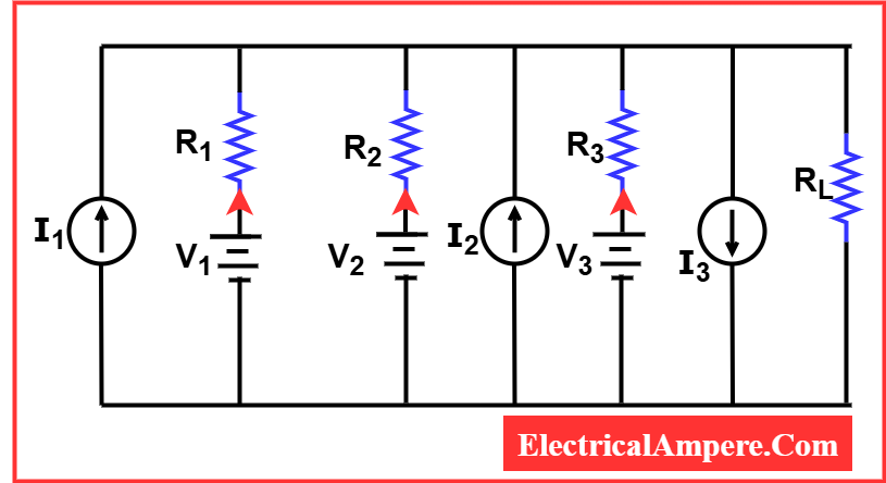 Circuit diagram showing multiple voltage and current sources connected in parallel, with all sources following conventional notation