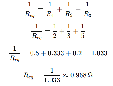 calculation of equivalent resistance for three parallel resistors with values 2 ohms, 3 ohms, and 5 ohms, showing the equivalent resistance
𝑅𝑒𝑞≈0.968 ohms
≈0.968 ohms."