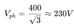 Example of phase voltage calculation in star connection: If line voltage is 400 V, then Vph = 400 ÷ √3 ≈ 230 V