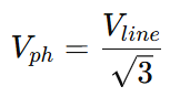Phase voltage formula in star connection: Vph = Vline ÷ √3