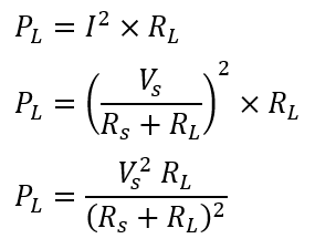 Formula showing power delivered to the load in a DC circuit: PL = (Vs² × RL) / (Rs + RL)², where Vs is source voltage, Rs is source resistance, and RL is load resistance.