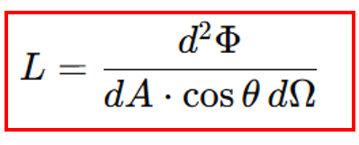 Formula showing radiance of a light source: L = d²Φ / (dA × cosθ × dΩ), with definitions of radiance, differential flux, area, angle, and solid angle.