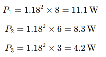 Power dissipation calculation in a series circuit with I = 1.18A and resistors R1 = 8 ohm, R2 = 6 ohm, R3 = 3 ohm showing P1 11.1W, P2 8.3W, P3 4.2W
