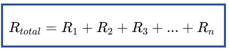 Formula for total resistance in a series circuit showing Rtotal equals R1 plus R2 plus R3 up to Rn