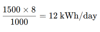 Example of calculating daily energy consumption: A 1,500 W air conditioner running for 8 hours consumes 12 kWh per day using the formula Energy (kWh) = Power (W) × Usage Time (hrs) ÷ 1000.