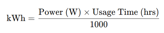 Formula to calculate energy consumption of home appliances in kWh: Energy (kWh) = Power (W) × Usage Time (hrs) ÷ 1000
