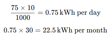 Example calculation of ceiling fan energy consumption showing 75W fan used 10 hours daily equals 0.75 kWh per day and 22.5 kWh per month.