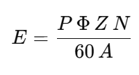 EMF equation of a generator: E = P × Φ × Z × N ÷ (60 × A) with each term explained."