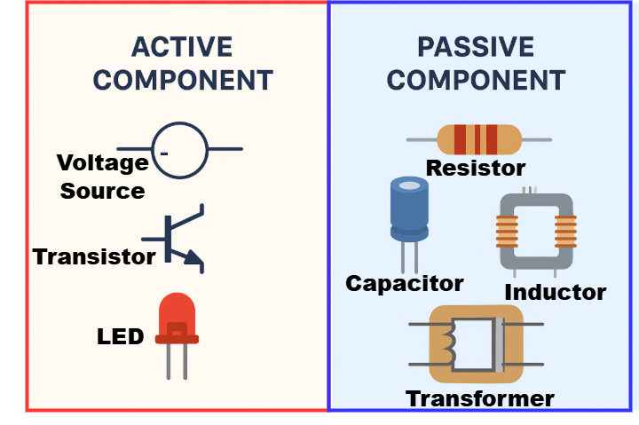 example of active and passive components- active componets voltage source,transistor, diode, LED- passive componets resisstor, capacitor,inductor, transformer