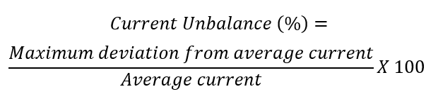 Current unbalance formula showing percentage as maximum deviation from averagecurrent divided by average current multiplied by 100