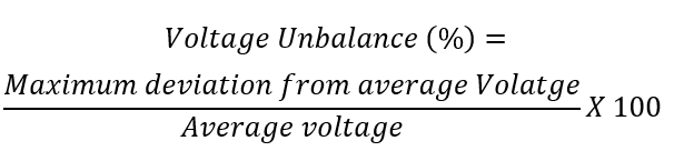 Voltage unbalance formula showing percentage as maximum deviation from average voltage divided by average voltage multiplied by 100