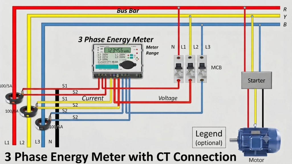 Three Phase 3 Wire Energy Meter Connection diagram