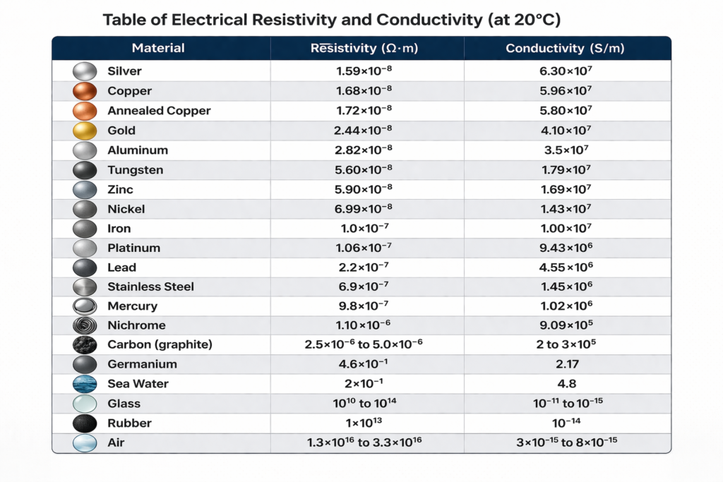 Table of Electrical Resistivity and Conductivity (at 20°C)