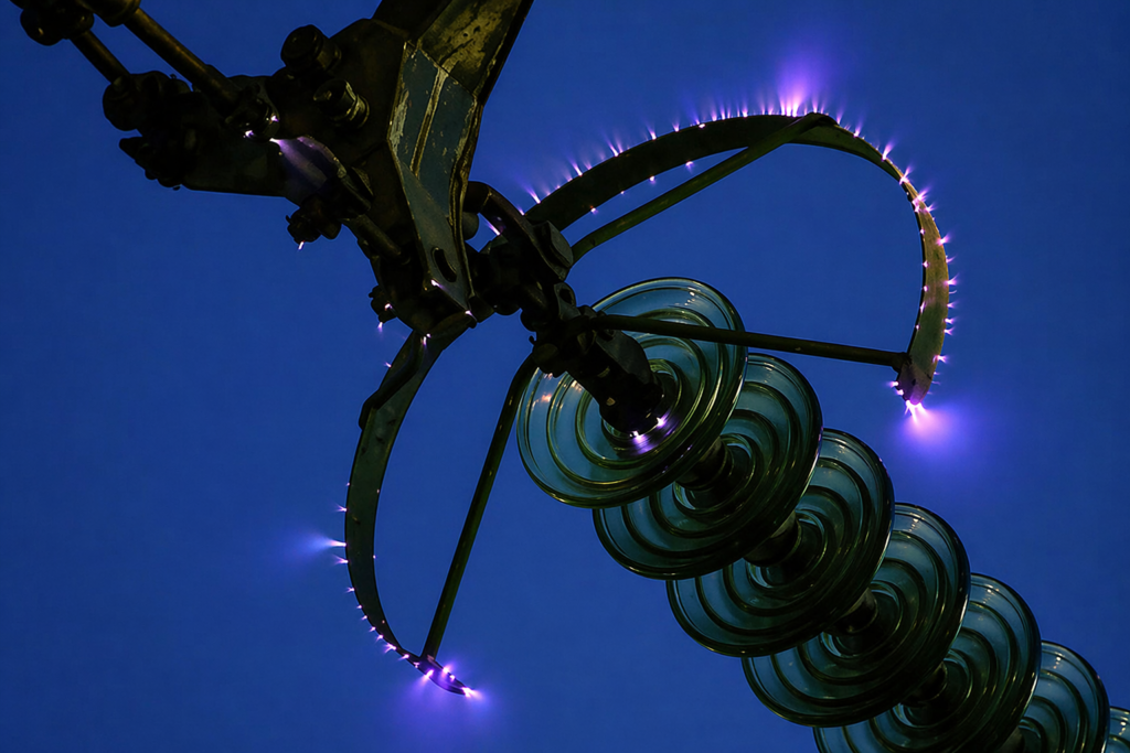 corona discharge effect on transmisiion line-A faint violet or bluish glow around the conductor.