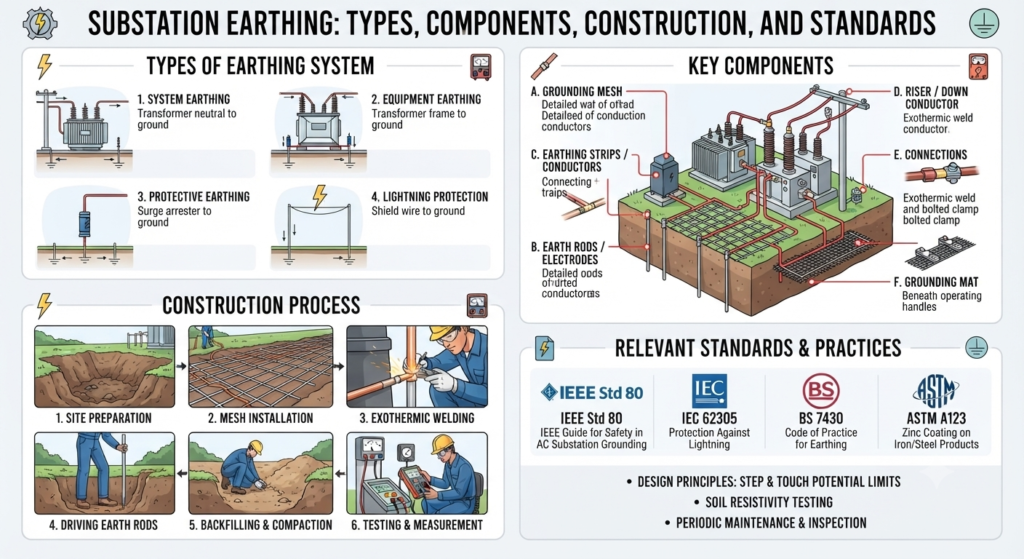 Substation Earthing-Types, Components, Construction, and Standards