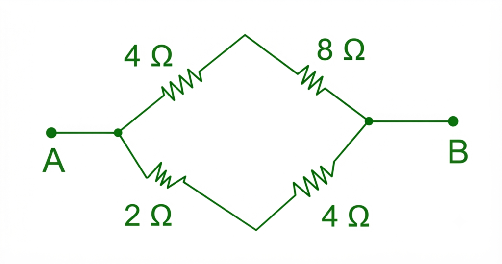 Eaxample 1: Find equivalent resistance across A and B in the below given circuit diaagram.