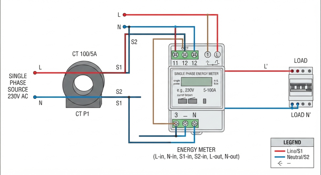Single-Phase Energy Meter Connection with CT