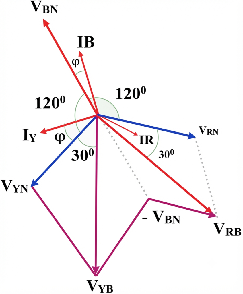 Derivation of Two Wattmeter Method-phasor diagram